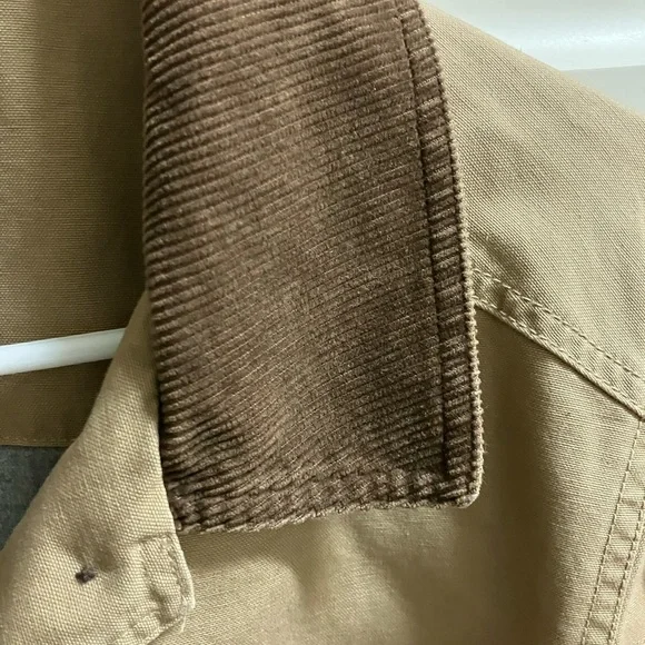 LL Bean Chore Barn Corduroy Trim Khaki Tan Jacket Flannel Lined womens M Petite - Picture 2 of 7